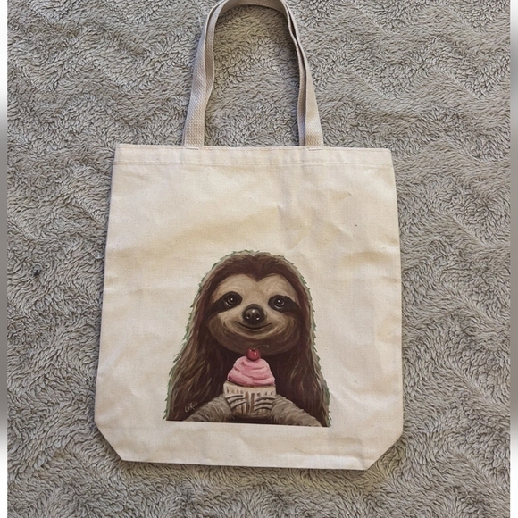 Handbags - Canvas Sloth with Cake Tote Bag Shoulder Bag